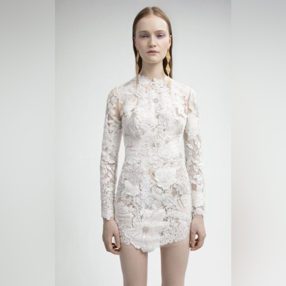 Yolancris Anfitrite long sleeved geometric flower floral short dress with skirt
